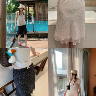 藏青碎花松紧花边腰中裙半身裙甜美夏季 TheDouerr 裙子