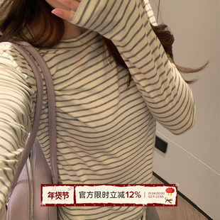 TheDouerr 叠穿圣品莱赛尔天丝灰色条纹打底T恤T恤