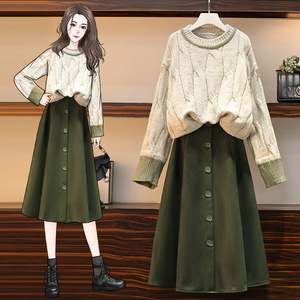 大码女装显瘦初秋修身新款气质减龄加厚撞色毛衣半身裙两件套装