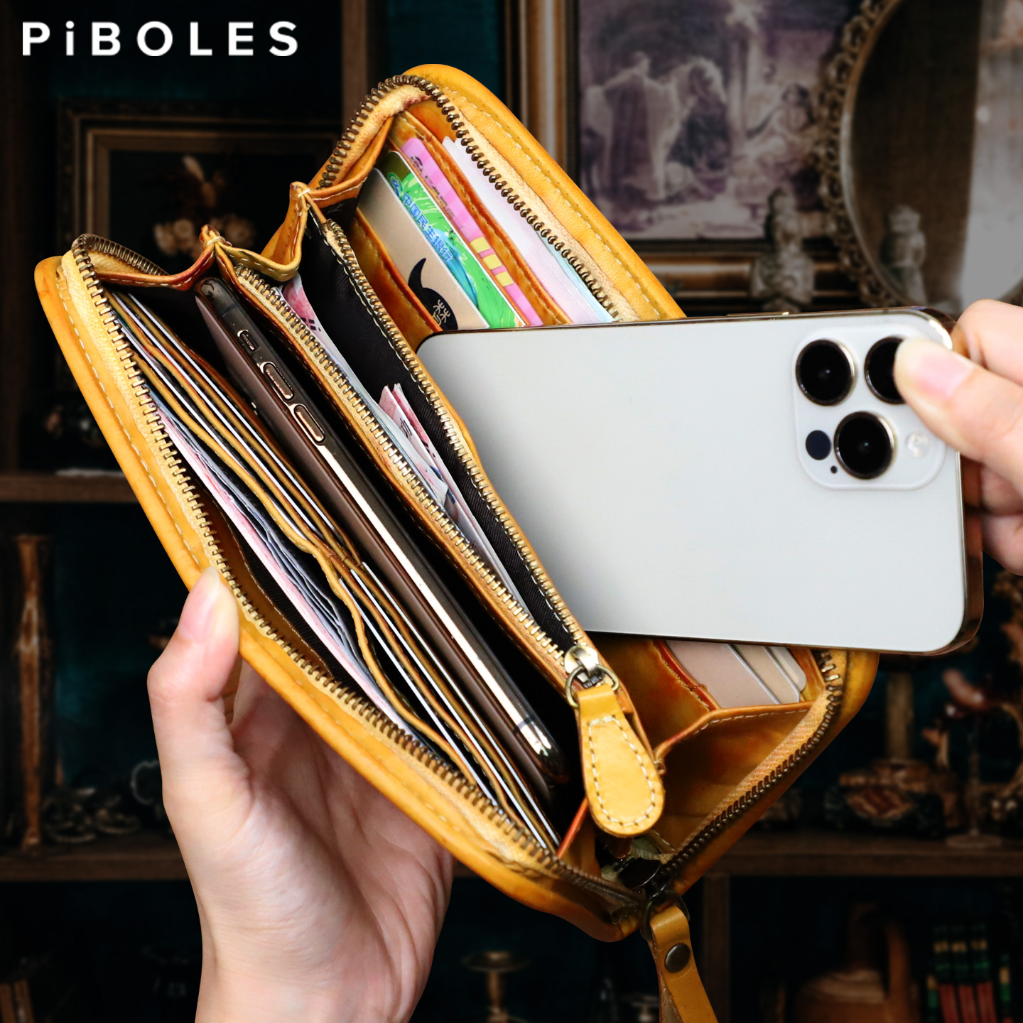 男士植鞣头层牛皮手包手拿包复古长款钱包休闲手机包简约手抓包女