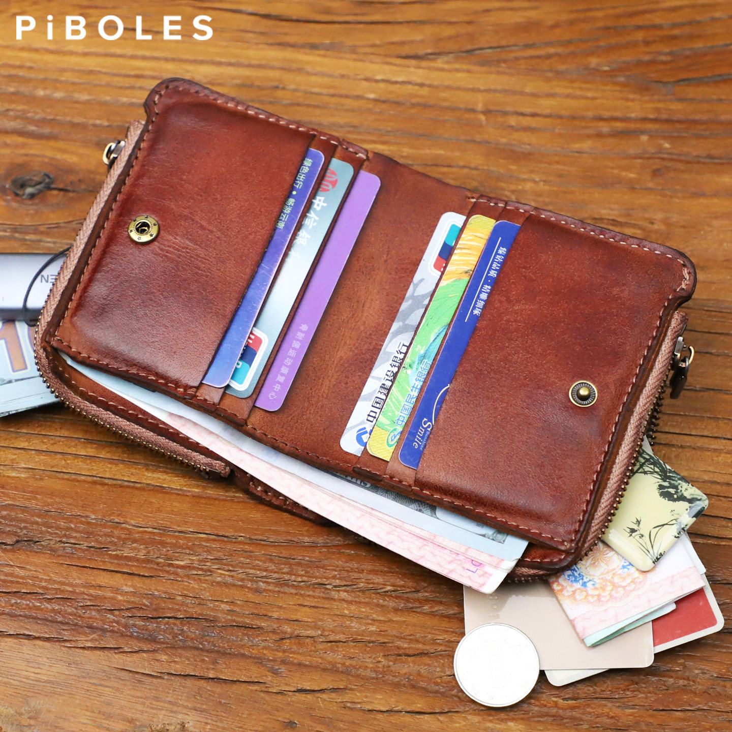 男士全牛皮短款拉链钱包手工真皮复古钱夹女多卡位大容量钱包卡包