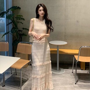 韩国重工千金风荷叶边拼接冰丝针织连衣裙女夏季 长裙 小香风OL长款