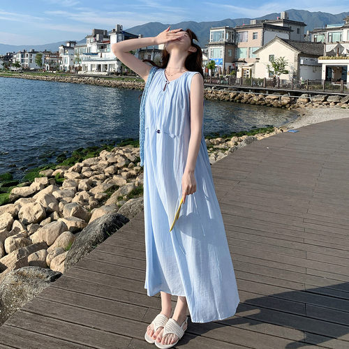 RX锐序| 2026夏季新款浅蓝色海边度假风收腰显瘦连衣裙日常休闲