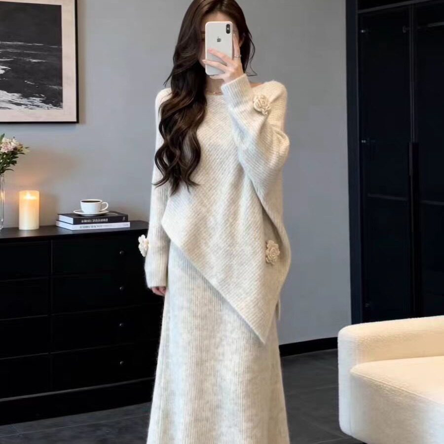 韩系温柔风时尚针织半身裙套装女秋冬季宽松显瘦气质毛衣套装裙子