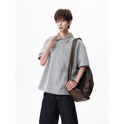 RX锐序 美式正肩POLO衫鱼骨纹拼接千鸟格翻领t恤男重磅短袖青春