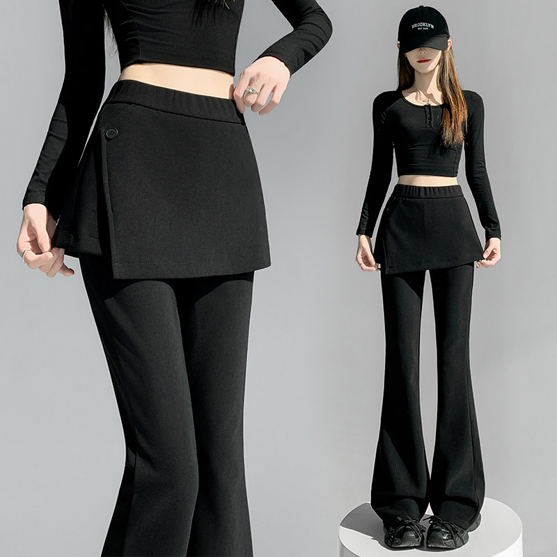 黑色微喇裤女春秋2026新款高腰显瘦假两件屁帘加长西装喇叭裤
