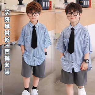 男童美式学院风套装2025新款夏装中大童短袖领带衬衫两件套帅气潮