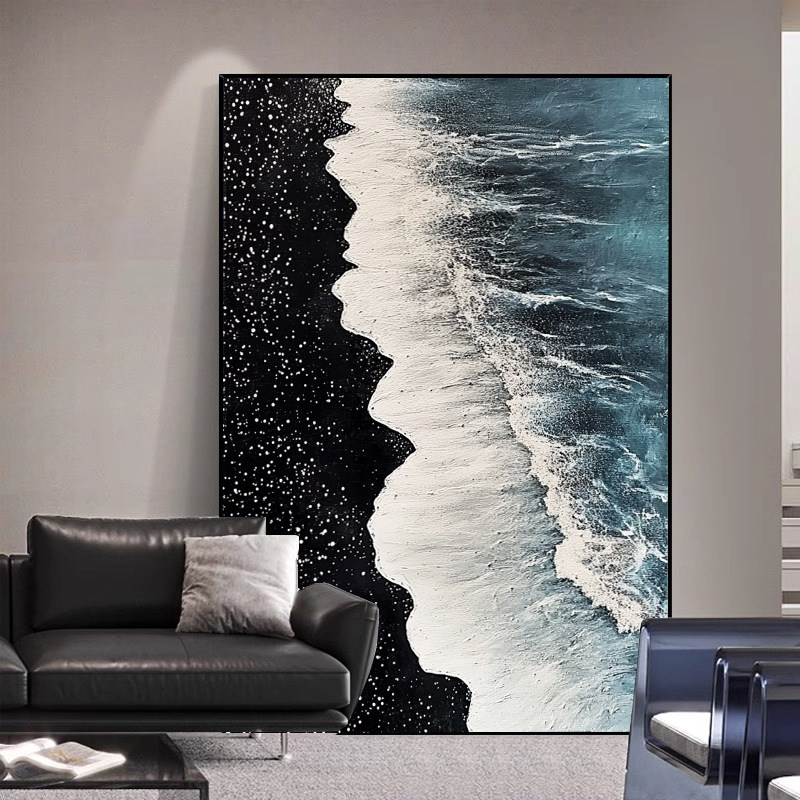 现代装饰画黑白立体挂画客厅简约肌理玄关感抽象海浪油画手绘高级