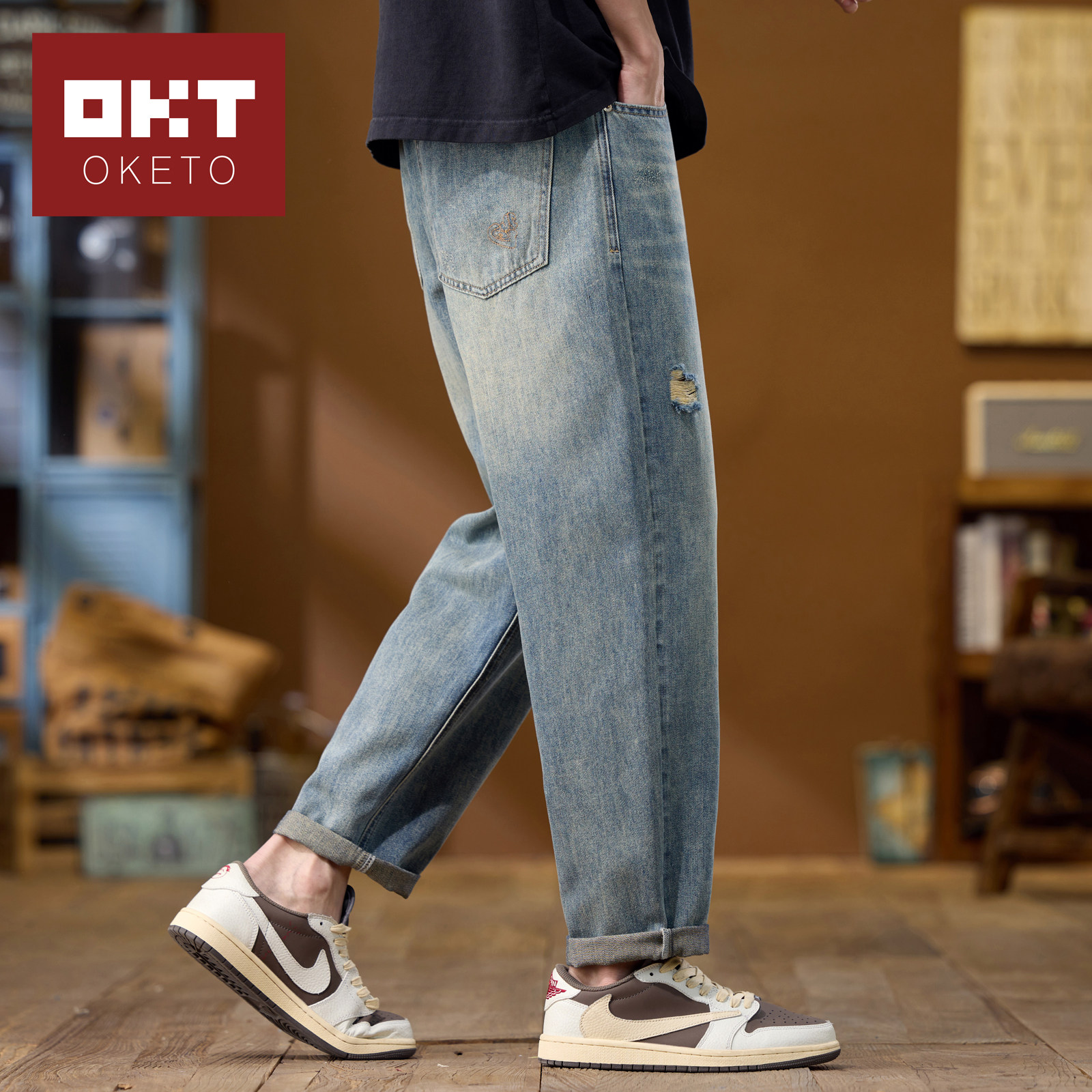 破洞牛仔裤男士春秋复古水洗做旧直筒春季潮牌宽松磨烂休闲日系裤,男装,牛仔裤,淘宝优惠券,粉丝福利购,淘宝优惠卷