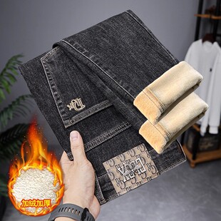 2026秋冬加绒厚款高端潮牌新塘牛仔裤男士修身直筒弹力个性长裤子