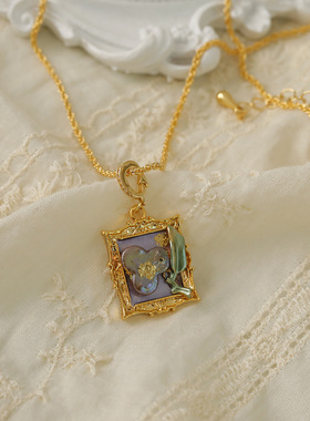 紫色油画吊坠中古巴洛克珍珠项链女轻奢小众新中式国风锁骨毛衣链