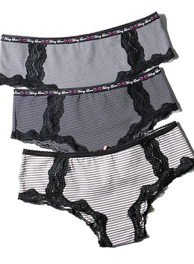 维Secret品牌优质纯棉条纹性感小香风蕾丝女士三角内裤外贸底裤正