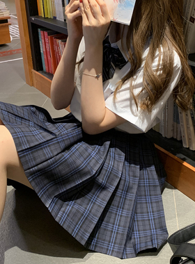 不织蓝 格裙jk制服套装心脏地震原创百褶学生校供女春秋A字半身裙