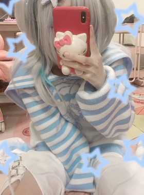 叁毒原创条纹拼接套头针织衫外套冬季少女日系软妹可爱海军领毛衣