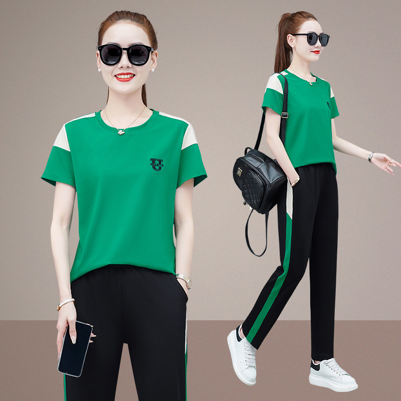 夏季新品女士圆领套头团体短袖长裤大码广场舞表演跑步运动服套装