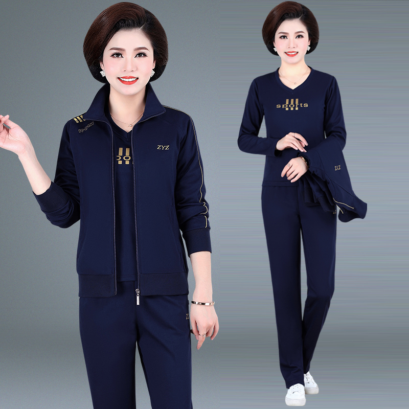团体中老年胖妈妈女士春秋款长袖开衫棉宽松大码三件套运动服套装