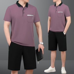 2025夏季新款中年男士爸爸父亲装冰丝短袖t恤短裤跑步运动服套装