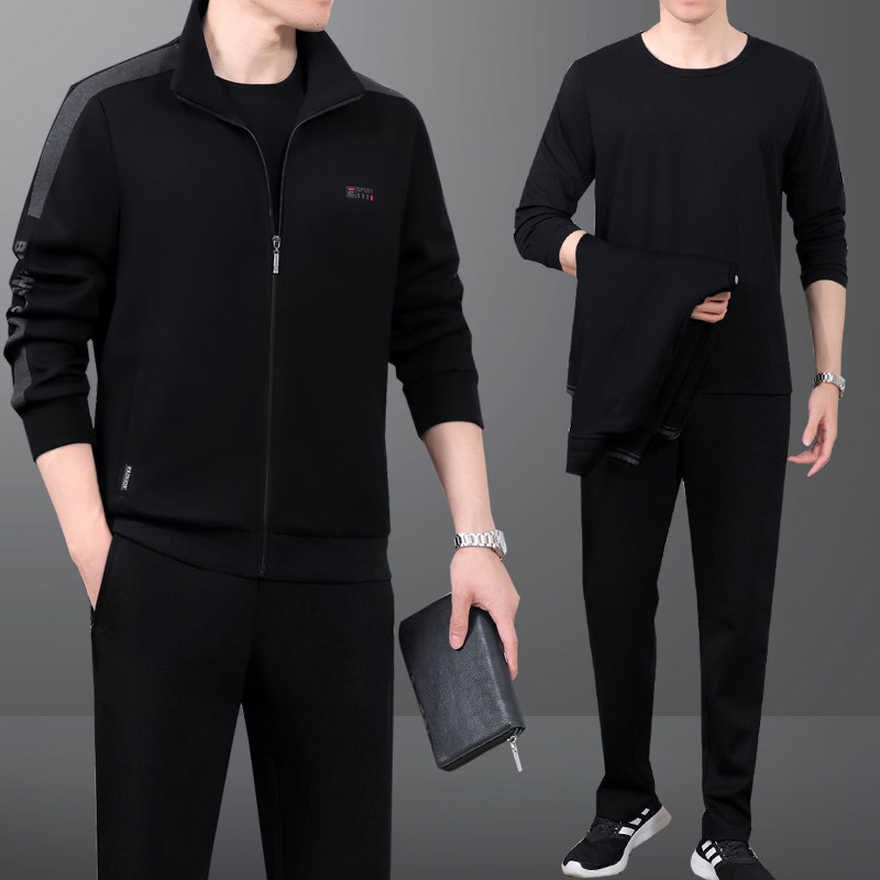 春秋款中老年男士爸爸装棉宽松大码时尚三件套卫衣跑步运动服套装