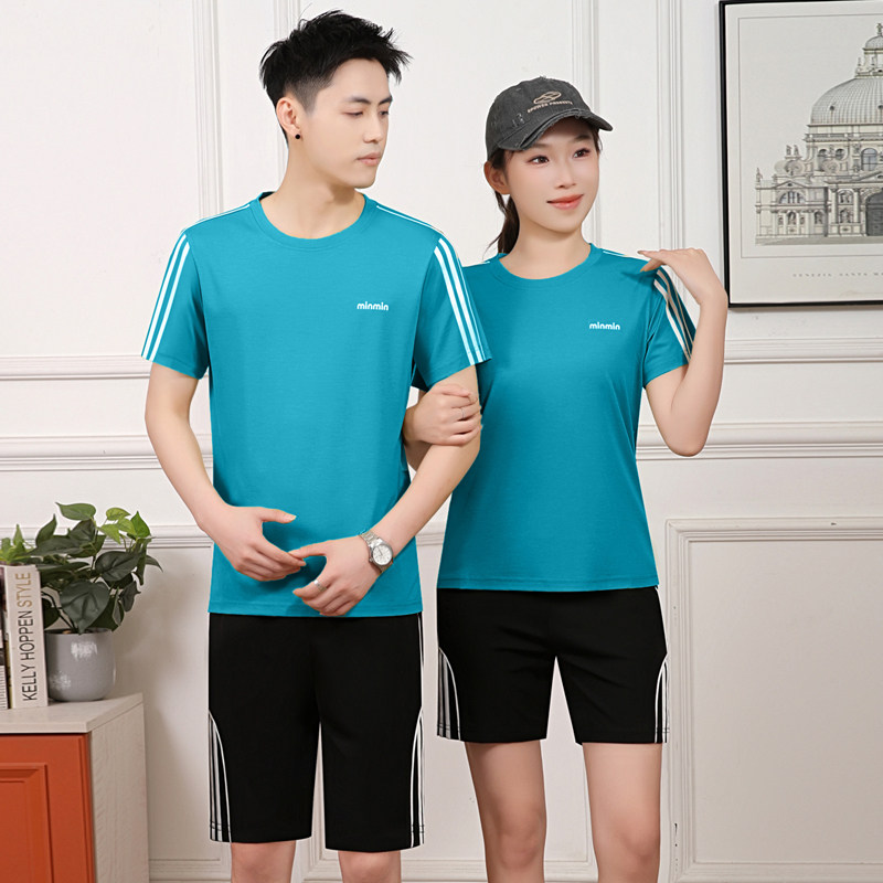 夏季新品团体团购男士圆领棉质短袖短裤条纹情侣款跑步运动服套装