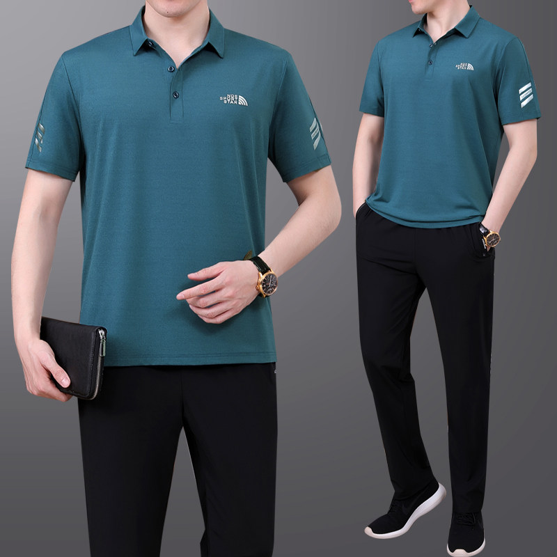 夏季款中老年男士父亲装薄款冰丝翻领短袖长裤大码跑步运动服套装