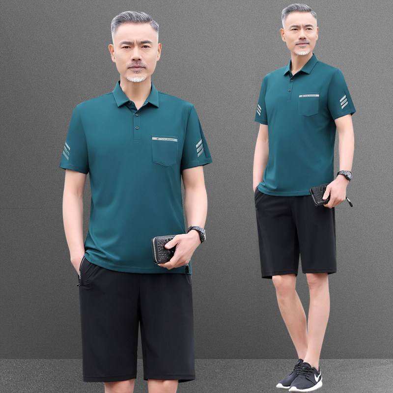 夏季中年男士父亲装翻领薄款冰丝短袖短裤大码跑步休闲运动服套装