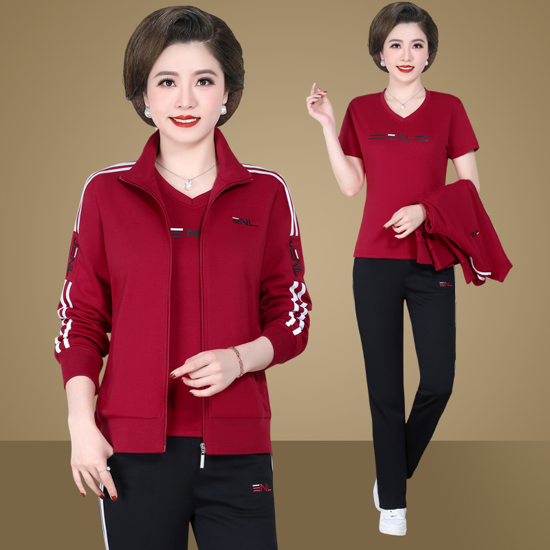 春秋款中老年女士妈妈装棉质宽松三件套加大码卫衣跑步运动服套装