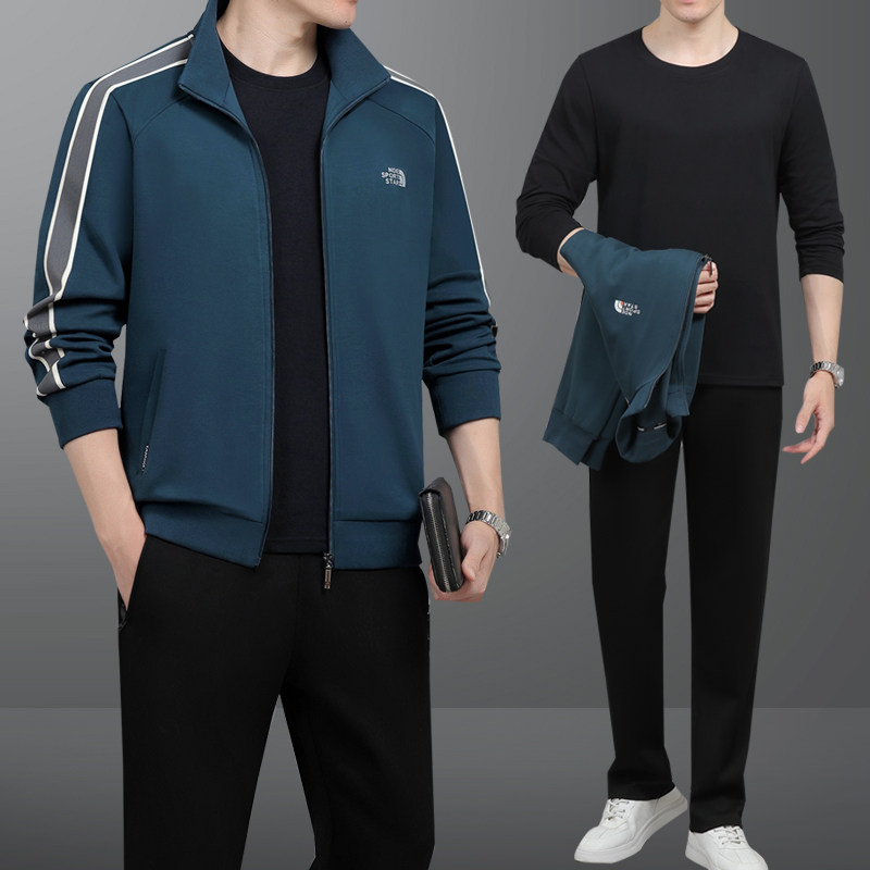 春秋款新品中老年男士开衫棉宽松加大码三件套外套休闲运动服套装