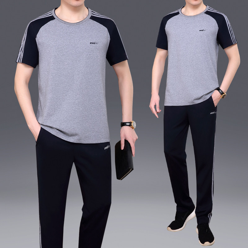 夏季中年男士爸爸装圆领短袖长裤棉两件套大码休闲跑步运动服套装