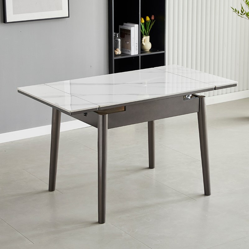 奶油风岩板餐桌椅组合轻奢现代简约家用小户型可伸缩折叠白色餐桌