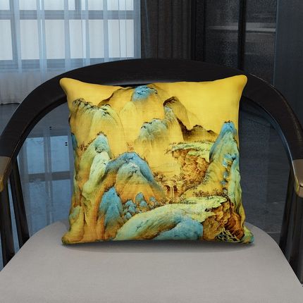 抱枕客厅沙发床头会所茶室中式卧室千里江山图亚麻靠垫腰枕靠枕