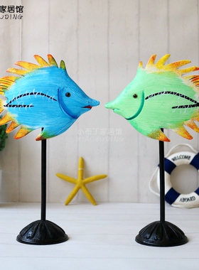 地中海风格家居饰品蓝白木质对鱼摆件做旧亲嘴鱼桌面电视机柜摆设