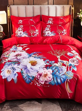 大红色婚庆结婚四件套床上用品1.5m18米床单被套新婚卡通龙凤套件