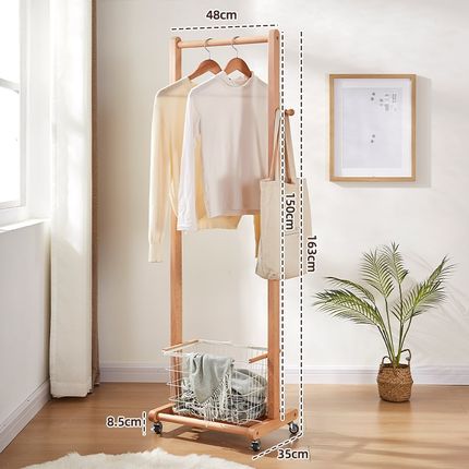 落地衣架可移动卧室实木置物衣帽架家用不占空间的挂衣架带脏衣篓