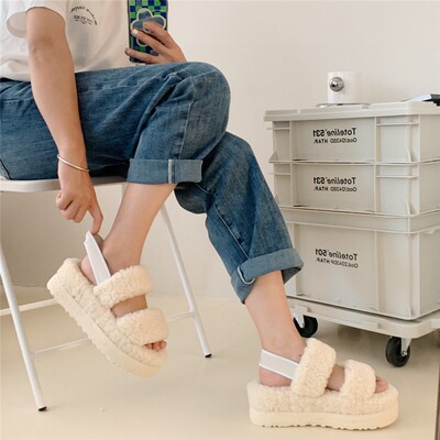 河南家桑坡村二杠拖百搭二字凉拖女外穿糖果羊毛拖鞋毛毛拖鞋U型