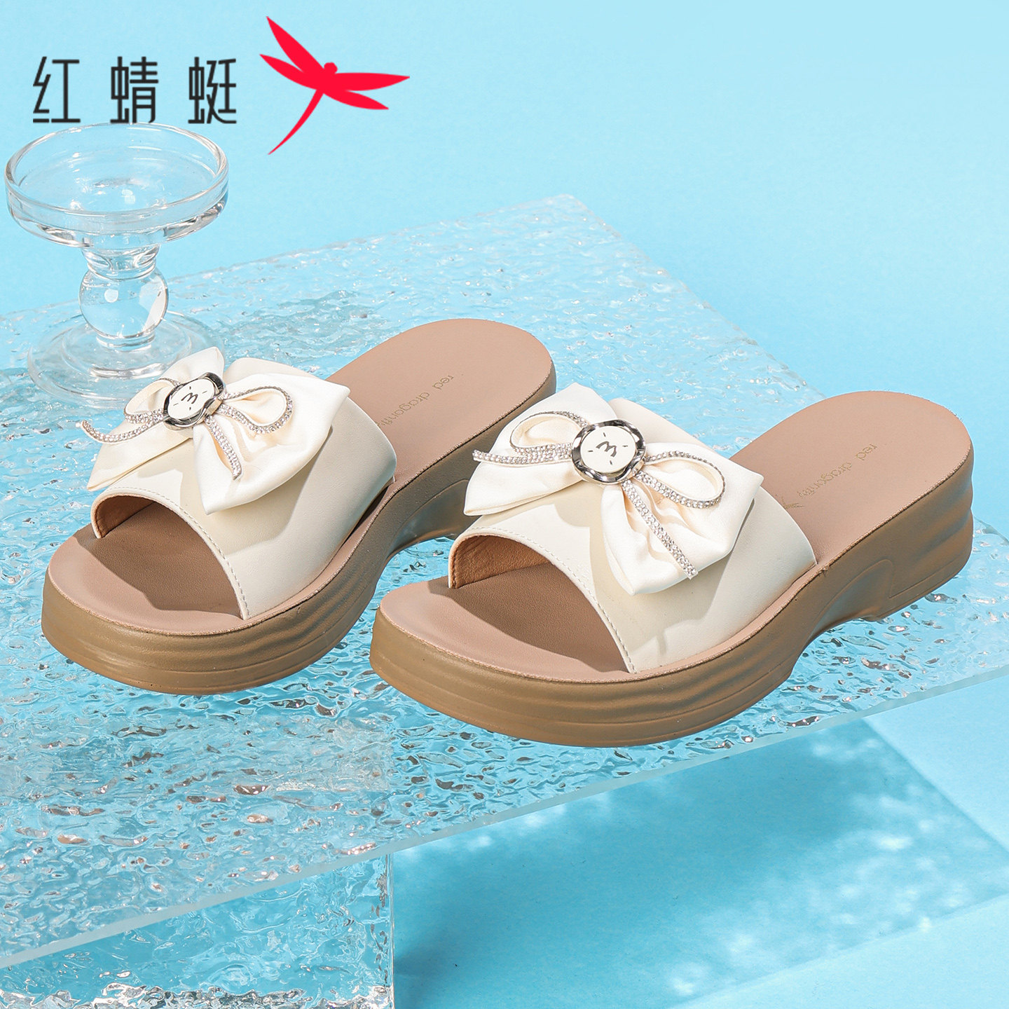红蜻蜓凉鞋女2026夏季时尚蝴蝶结外穿一字拖鞋厚底增高休闲凉拖鞋