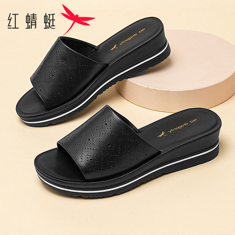 红蜻蜓拖鞋女夏季防滑平底坡跟一字拖真皮百搭外穿中年妈妈凉拖鞋