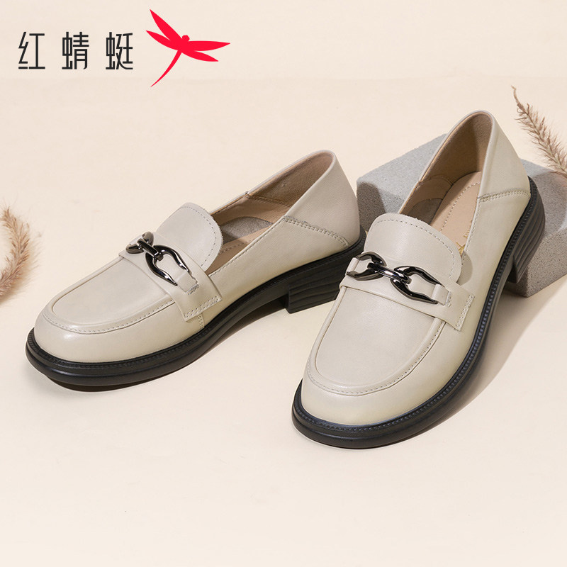 红蜻蜓女鞋2026春季真皮金属扣一脚蹬乐福鞋百搭舒适软底通勤单鞋