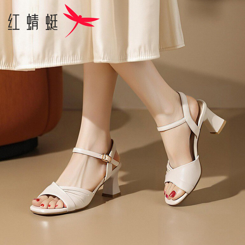 红蜻蜓女鞋2026夏季羊皮革粗跟一字带百搭配裙子法式高跟通勤凉鞋