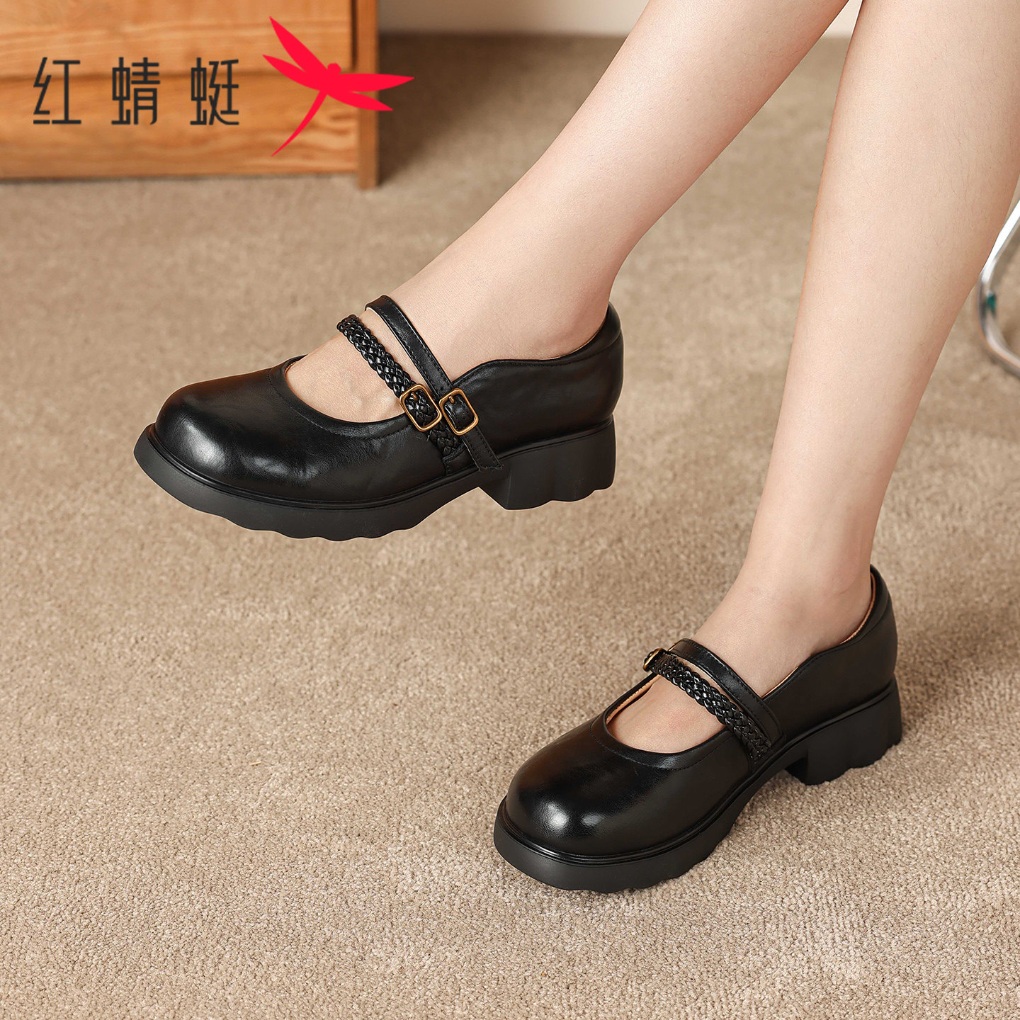 红蜻蜓厚底粗跟浅口玛丽珍鞋女