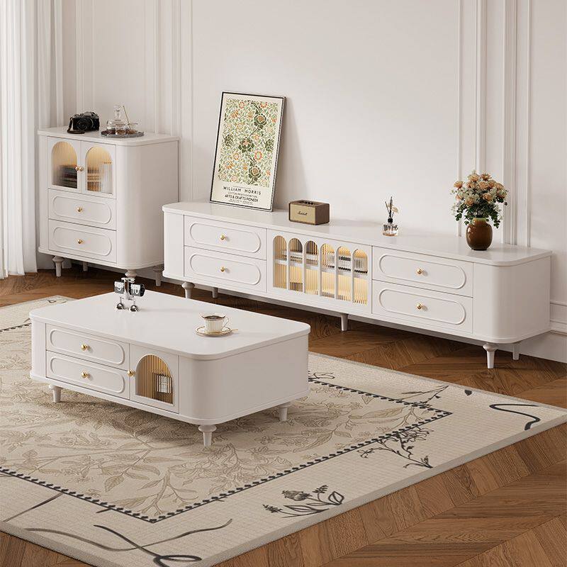 法式奶油风电视柜茶几组合轻奢白色实木生态板客厅家用小户型地柜