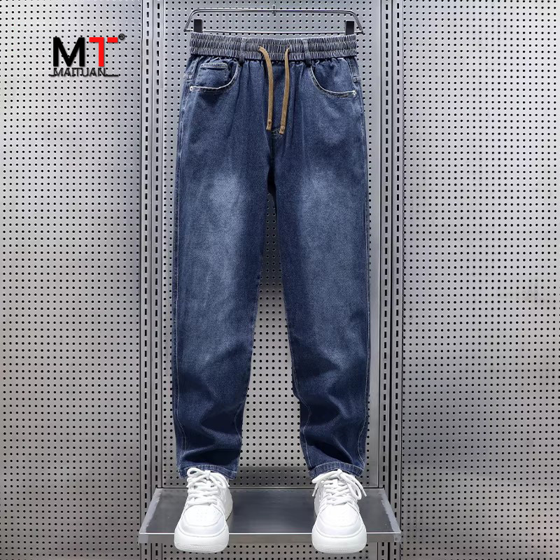 高端休闲牛仔裤男士2025新款秋冬季男裤加厚抽绳宽松直筒裤子男款