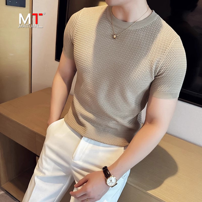 高端针织短袖t恤男士夏季2024新款潮流痞帅修身半袖体恤男款上衣