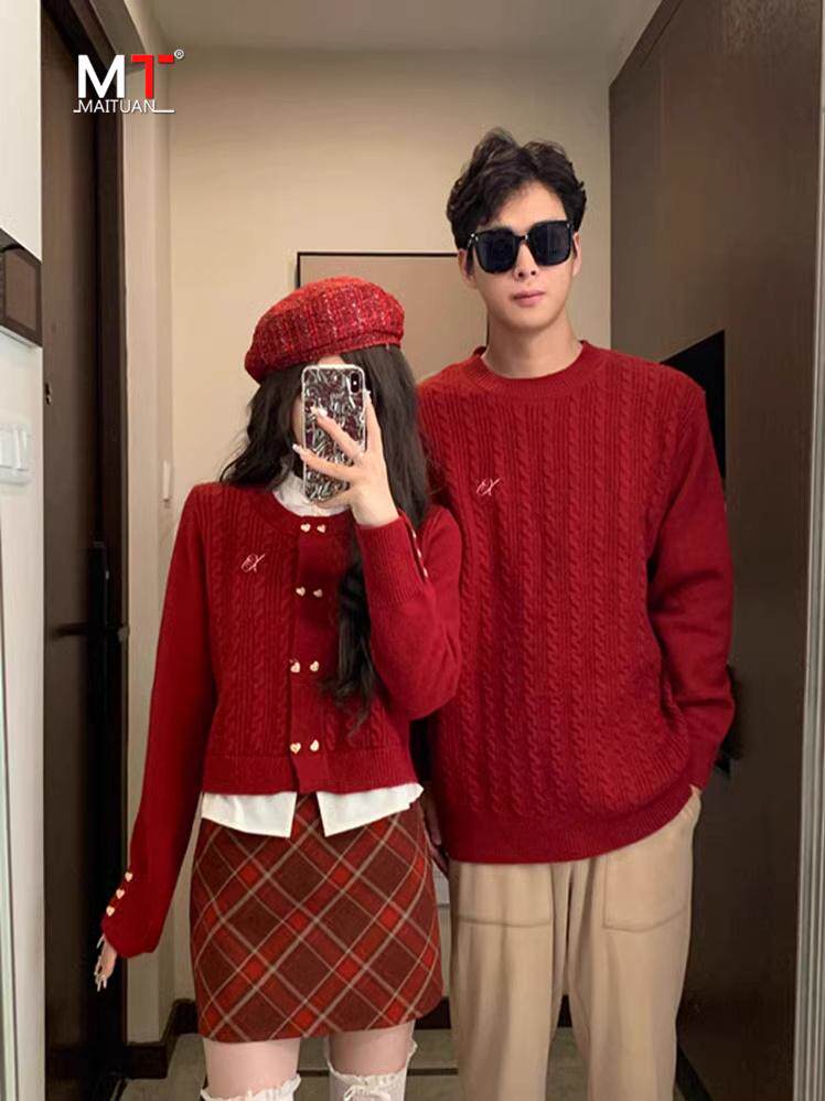 高端情侣装红色毛衣男女款2025新款春秋季圣诞节过年慵懒风针织衫