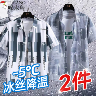 啄木鸟夏季潮流简约百搭冰丝衬衫男宽松休闲薄款透气舒适半袖上衣