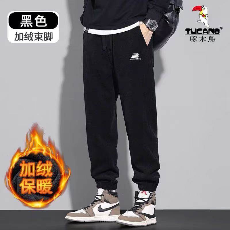 啄木鸟秋冬季加绒加厚灯芯绒束脚裤男士修身显瘦百搭外穿休闲长裤