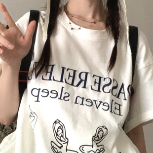 t恤上衣女 高品质纯棉200克精梳紧密100%棉直播同品前印花宽松短袖