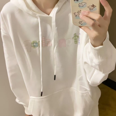 新纯棉华棉复合薄款320克/加绒420克布面+手感印花宽松连帽卫衣女