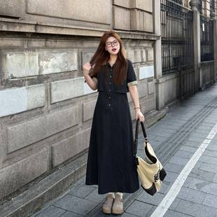 微胖mm巨显瘦遮肉假两件工装 南岛风大码 连衣裙春夏季 女装 长裙 短袖