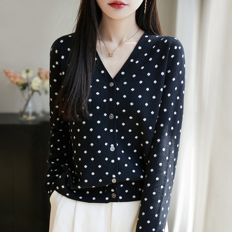 桑蚕丝羊V领毛波点开衫