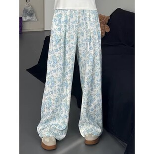 薄款蓝色休闲小个子碎花阔腿裤女2026新款高腰显瘦宽松冰丝山本裤